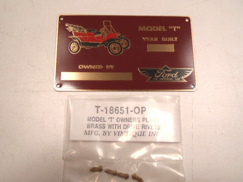 Ford Model T Owners Identification / ID Plate - Brass With Drive Rivets