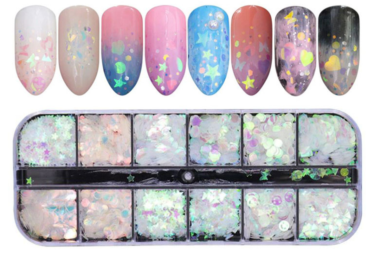 NDi beauty Nail Art Glitter Holographic Laser Shining Iridescent Mixed Shape - 12 AB