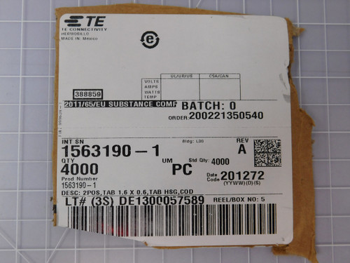 Lot of 500 TE CONNECTIVITY 1563190-1  X90145 Automotive Connectors 2POS TAB 1.6 X 0.6 TAB HSG CODA