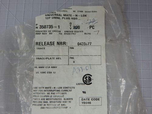 TE CONNECTIVITY 350735-1  Q00627 Pin & Socket Connectors PLUG HOUSE 12 POS TE CONNECTIVITY 350735-1  Q00627 Pin & Socket Connectors PLUG HOUSE 12 POS
