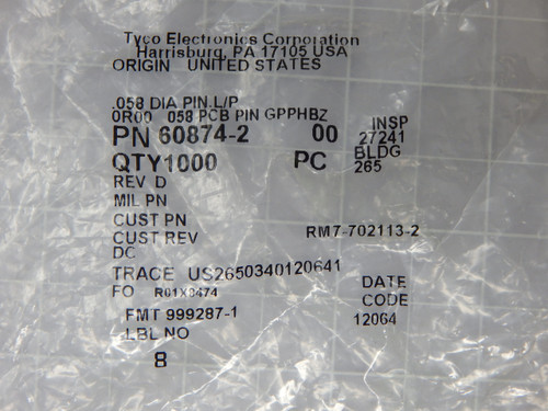 Lot of 317 TE CONNECTIVITY 60874-2  X91805 Terminals PIN .058" DIA