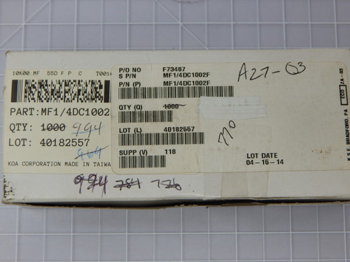 KOA MF1/4DC1002F  X91827 Metal Film Resistors - Through Hole 10K 1% 100PPM