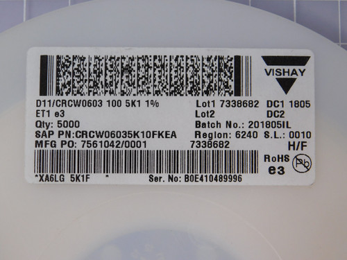 VISHAY BEYSCHLAG CRCW06035K10FKEA  X93218 RES SMD 5.1K OHM 1% 1/10W 0603 VISHAY BEYSCHLAG CRCW06035K10FKEA  X93218 RES SMD 5.1K OHM 1% 1/10W 0603