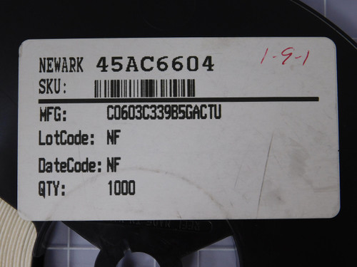 KEMET ELECTRONICS C0603C339B5GACTU  X93255 Multilayer Ceramic Capacitors MLCC - SMD/SMT 50V 3.3pF C0G 0603 0.1pF KEMET ELECTRONICS C0603C339B5GACTU  X93255 Multilayer Ceramic Capacitors MLCC - SMD/SMT 50V 3.3pF C0G 0603 0.1pF