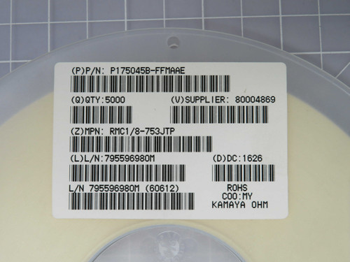 Lot of 20000 KAMAYA RMC1/8-753JTP  X95813 Thick Film Resistors - SMD 1206 75K 5% Lead Free Lot of 20000 KAMAYA RMC1/8-753JTP  X95813 Thick Film Resistors - SMD 1206 75K 5% Lead Free