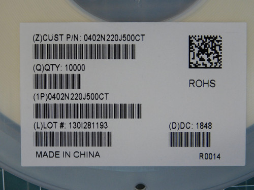 Lot of 20000 KAMAYA 0402N220J500CT  X94406 CAP CER 22PF 50V C0G/NP0 0402