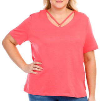 Thumbnail 1: Coral Bay Coral Bay Plus Criss Cross Ring Neck Short Sleeve Top 