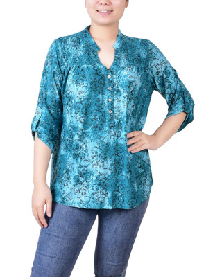 Thumbnail 1: NY COLLECTION NY Collection Petite 3/4 Roll Tab Sleeve Smocked-Yoke Top 