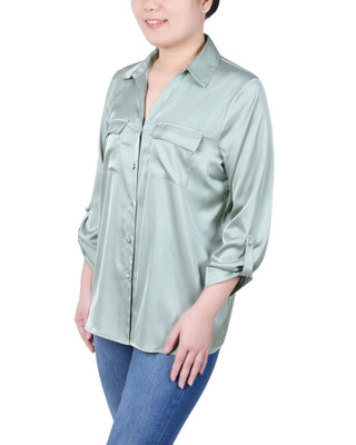 Thumbnail 3: NY COLLECTION NY Collection Petite 3/4 Sleeve Roll Tab Satin Blouse 