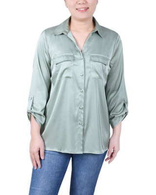 Thumbnail 1: NY COLLECTION NY Collection Petite 3/4 Sleeve Roll Tab Satin Blouse 