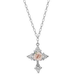 Thumbnail 1: SYMBOLS OF FAITH Crystal Porcelain Rose Cross Necklace 