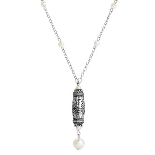 Thumbnail 1: SYMBOLS OF FAITH Silver Tone Faux Pearl Message Necklace 