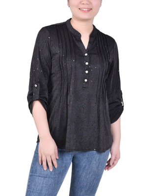 Thumbnail 1: NY COLLECTION NY Collection Petite 3/4 Sleeve Roll Tab Y Neck Top 