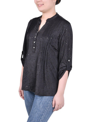 Thumbnail 3: NY COLLECTION NY Collection Petite 3/4 Sleeve Roll Tab Y Neck Top 
