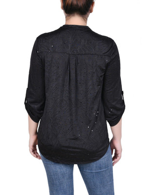 Thumbnail 2: NY COLLECTION NY Collection Petite 3/4 Sleeve Roll Tab Y Neck Top 