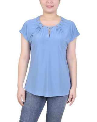 Thumbnail 1: NY COLLECTION Petite Short Extended-Sleeve Grommet Neck Knit Top 