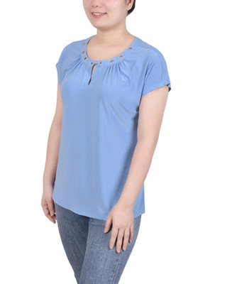 Thumbnail 3: NY COLLECTION Petite Short Extended-Sleeve Grommet Neck Knit Top 
