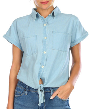 Thumbnail 1: Bebe Juniors Faux Denim Button Down Cuff Sleeve Top 
