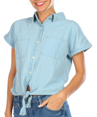 Thumbnail 3: Bebe Juniors Faux Denim Button Down Cuff Sleeve Top 