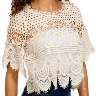 Thumbnail 6: REBELLION Rebellion Juniors Short Sleeve Crochet Crop Top 