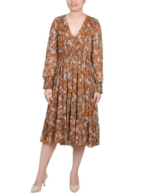Thumbnail 1: NY COLLECTION Long Sleeve Clip Dot Chiffon Dress With Smocked Waist 