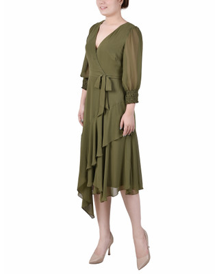Thumbnail 3: NY COLLECTION 3/4 Sleeve Belted Chiffon Hankerchief Hem Dress 
