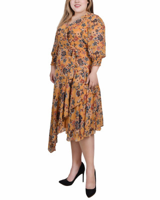 Thumbnail 3: NY COLLECTION Plus 3/4 Sleeve Belted Chiffon Hankerchief Hem Dress 