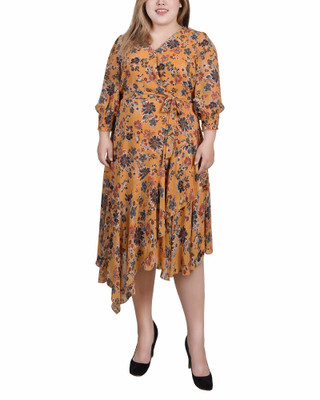 Thumbnail 1: NY COLLECTION Plus 3/4 Sleeve Belted Chiffon Hankerchief Hem Dress 