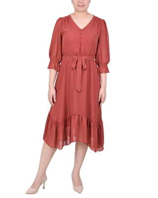 Thumbnail 1: NY COLLECTION Petite 3/4 Sleeve V-Neck Flounced Dress. 