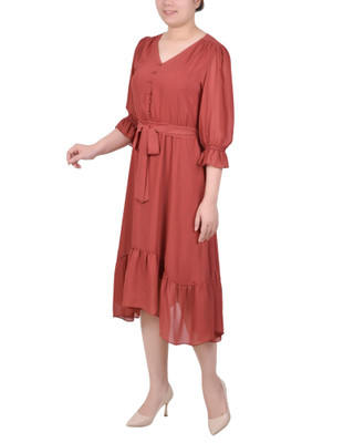 Thumbnail 3: NY COLLECTION Petite 3/4 Sleeve V-Neck Flounced Dress. 