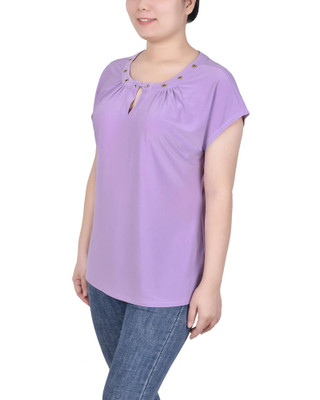 Thumbnail 2: NY COLLECTION Womens Petite Short Extended-Sleeve Grommet Neck Knit Top 