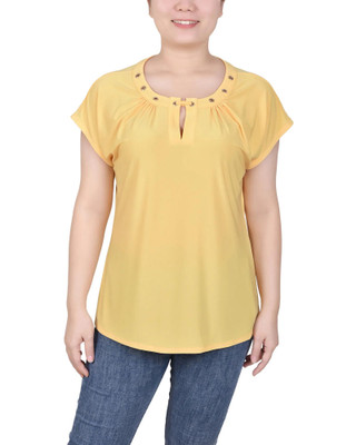 Thumbnail 1: NY COLLECTION Womens Petite Short Extended-Sleeve Grommet Neck Knit Top 