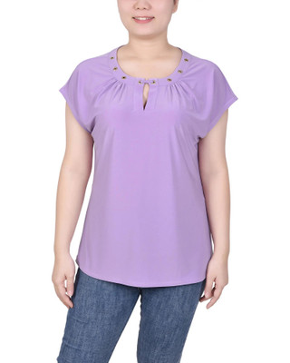 Thumbnail 1: NY COLLECTION Womens Petite Short Extended-Sleeve Grommet Neck Knit Top 
