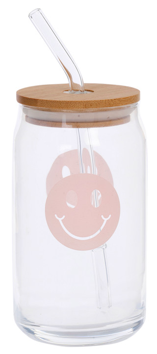 Thumbnail 1: AZZURE Azzure Glass Cup with Smiley Face Decal W/Straw & Lid 