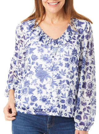 Thumbnail 1: Blue Sol Blue Sol Womens Dahlia Floral Mesh Ruffle Long Sleeve Top 