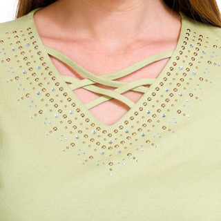 Thumbnail 3: Coral Bay Coral Bay Petite Solid Lattice Keyhole Short Sleeve Top 