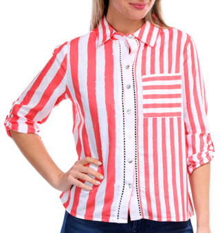 Thumbnail 1: NUCO Nuco Petite Striped Button Front 3/4 Sleeve Top 
