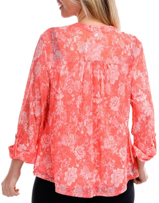 Thumbnail 2: Juniper + Lime Juniper + Lime Petite Floral Inset Henley 3/4 Sleeve Top 