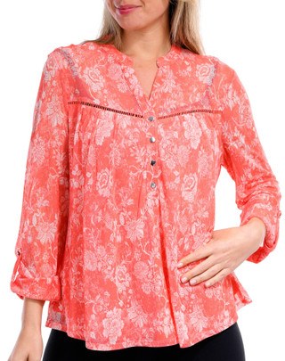 Thumbnail 3: Juniper + Lime Juniper + Lime Petite Floral Inset Henley 3/4 Sleeve Top 