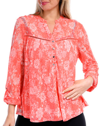 Thumbnail 3: Juniper + Lime Juniper + Lime Petite Floral Inset Henley 3/4 Sleeve Top 