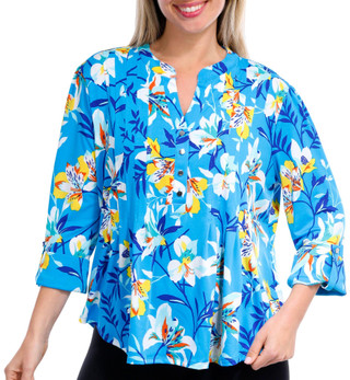 Thumbnail 1: Juniper + Lime Juniper + Lime Petite Printed 3/4 Sleeve Pleated Top 