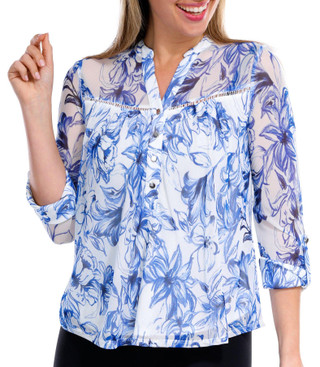 Thumbnail 3: Juniper + Lime Juniper + Lime Petite Floral Inset Henley 3/4 Sleeve Top 