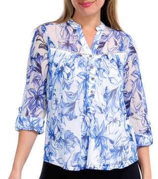 Thumbnail 1: Juniper + Lime Juniper + Lime Petite Floral Inset Henley 3/4 Sleeve Top 