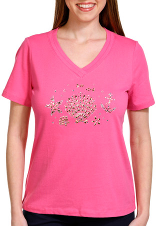 Thumbnail 1: Coral Bay Coral Bay Womens Short Sleeve Embellished Sea Shell Tee 