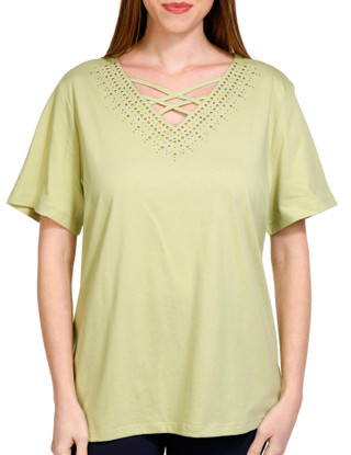 Thumbnail 1: Coral Bay Coral Bay Womens Solid Embellished Short Sleeve Top 
