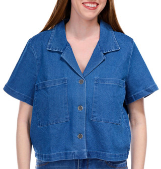 Thumbnail 1: BUNULU Bunulu Womens Short Sleeve Denim Button Down Top 