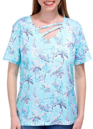 Thumbnail 1: Coral Bay Coral Bay Womens Print Keyhole Short Sleeve Top 
