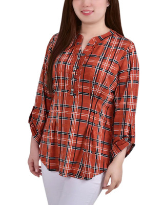 Thumbnail 2: NY COLLECTION NY Collection Petite 3/4 Roll Tab Sleeve Plaid Y Neck Top 