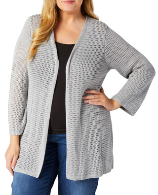 Thumbnail 1: Tahari Tahari Plus Open Knit Hooded Long Sleeve Cardigan 