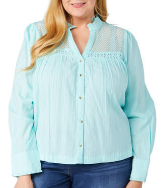 Thumbnail 1: Kaktus Kaktus Plus Long Sleeve Buttoned Lace Trim Top 